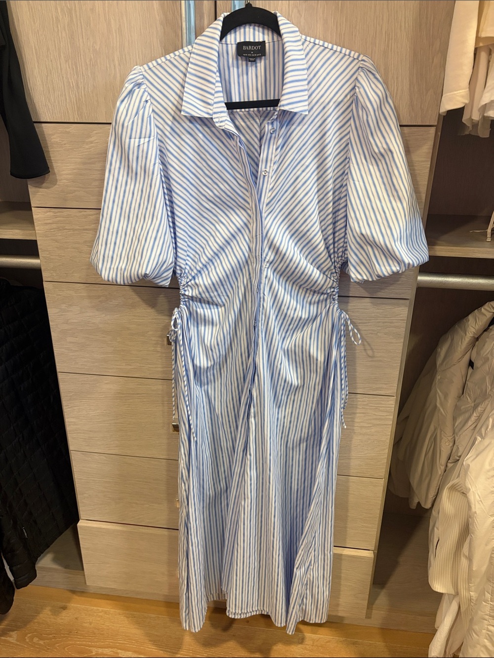 Bardot Blue & White Striped Puff-Sleeve Midi Dress